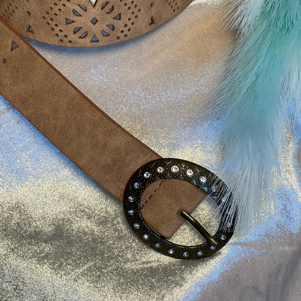 Chic Tan Perforated Belt with Rhinestones on Buckle - Picture 2 of 16